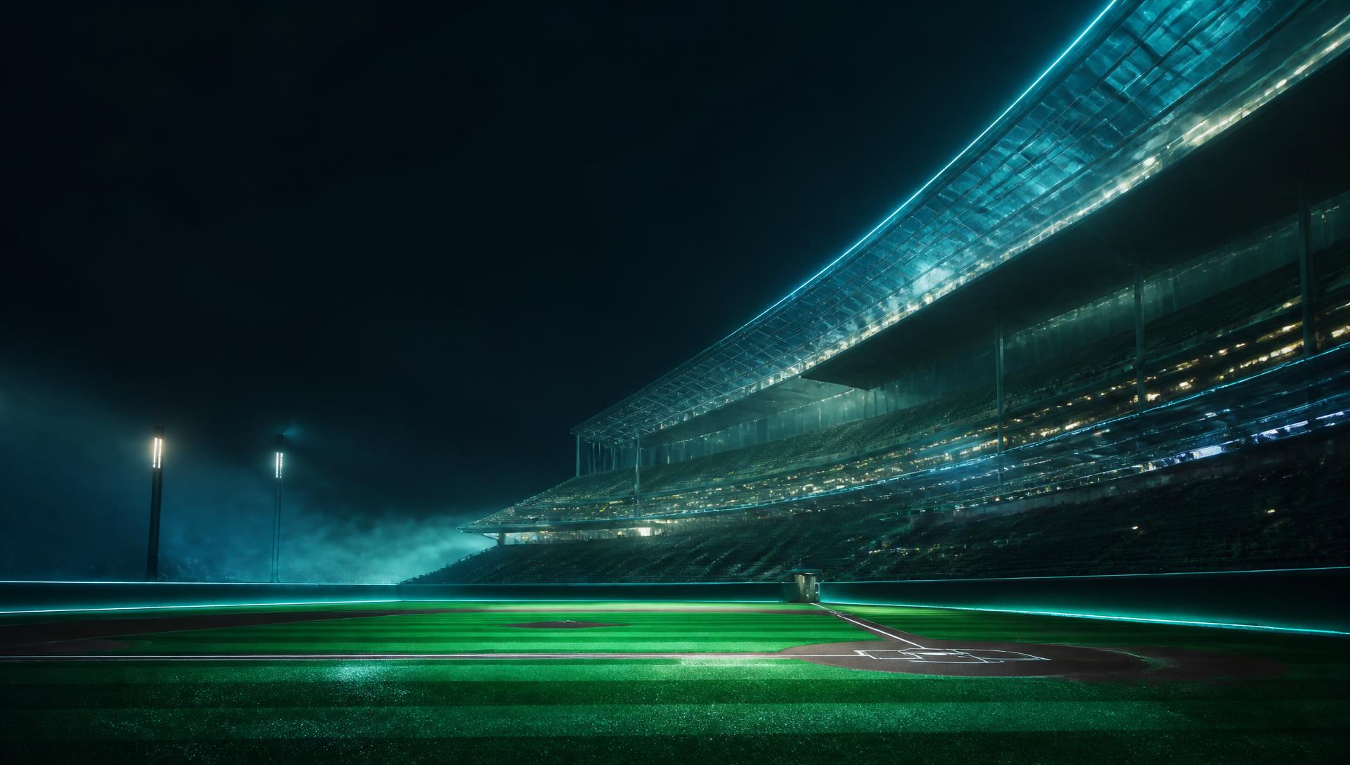 Futuristic glass stadium at night with floodlit emerald diamond turf